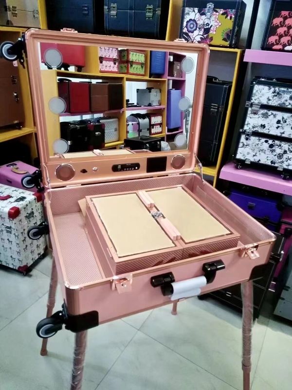 جعبه آرایش قابل تنظیم پاهای ایستاده کوله کار سنگین آینه روشن LED آرایشچه چرخدار 4 چرخ ماشین آرایش